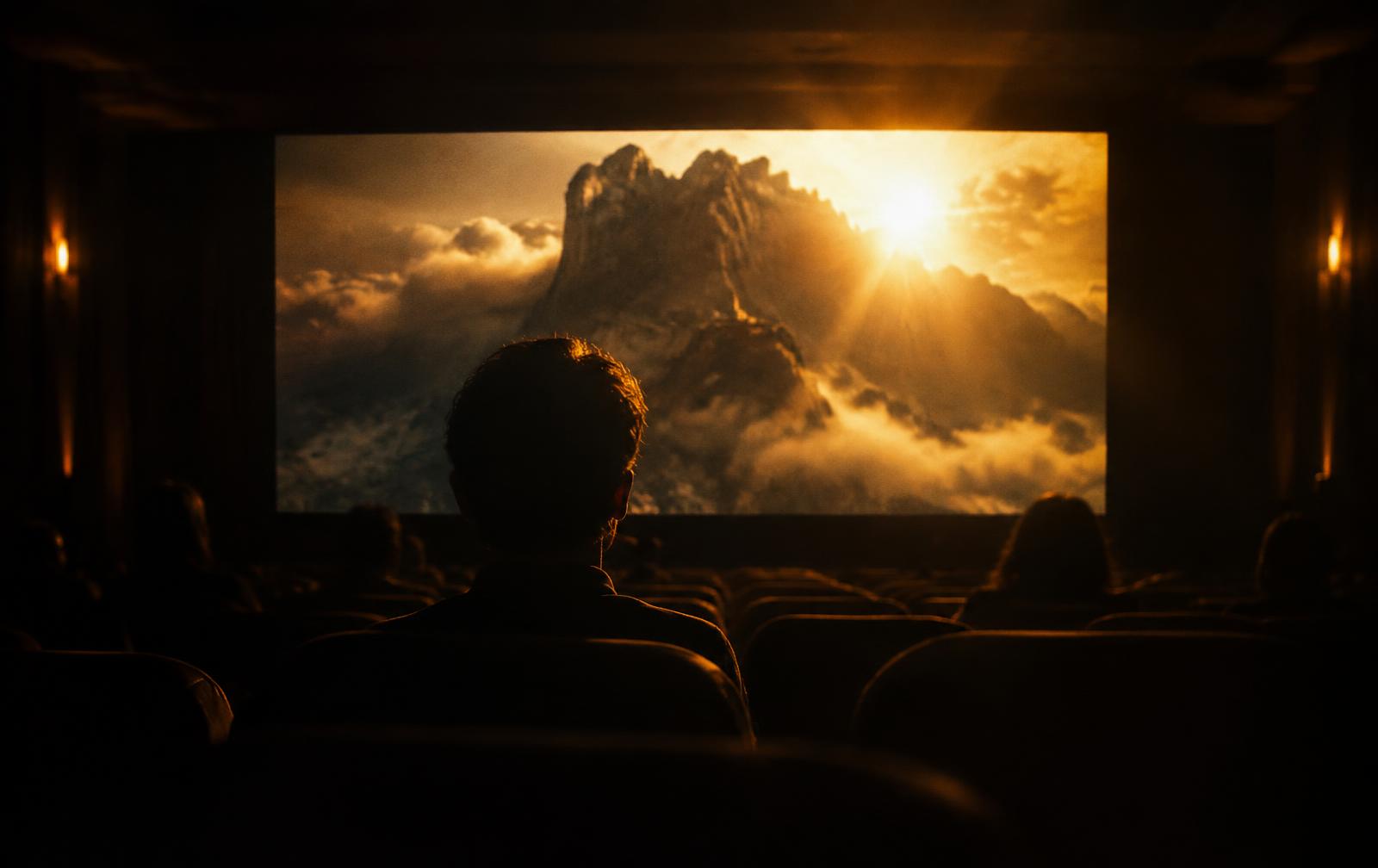 A viewer watching a glowing movie screen in a dark theater